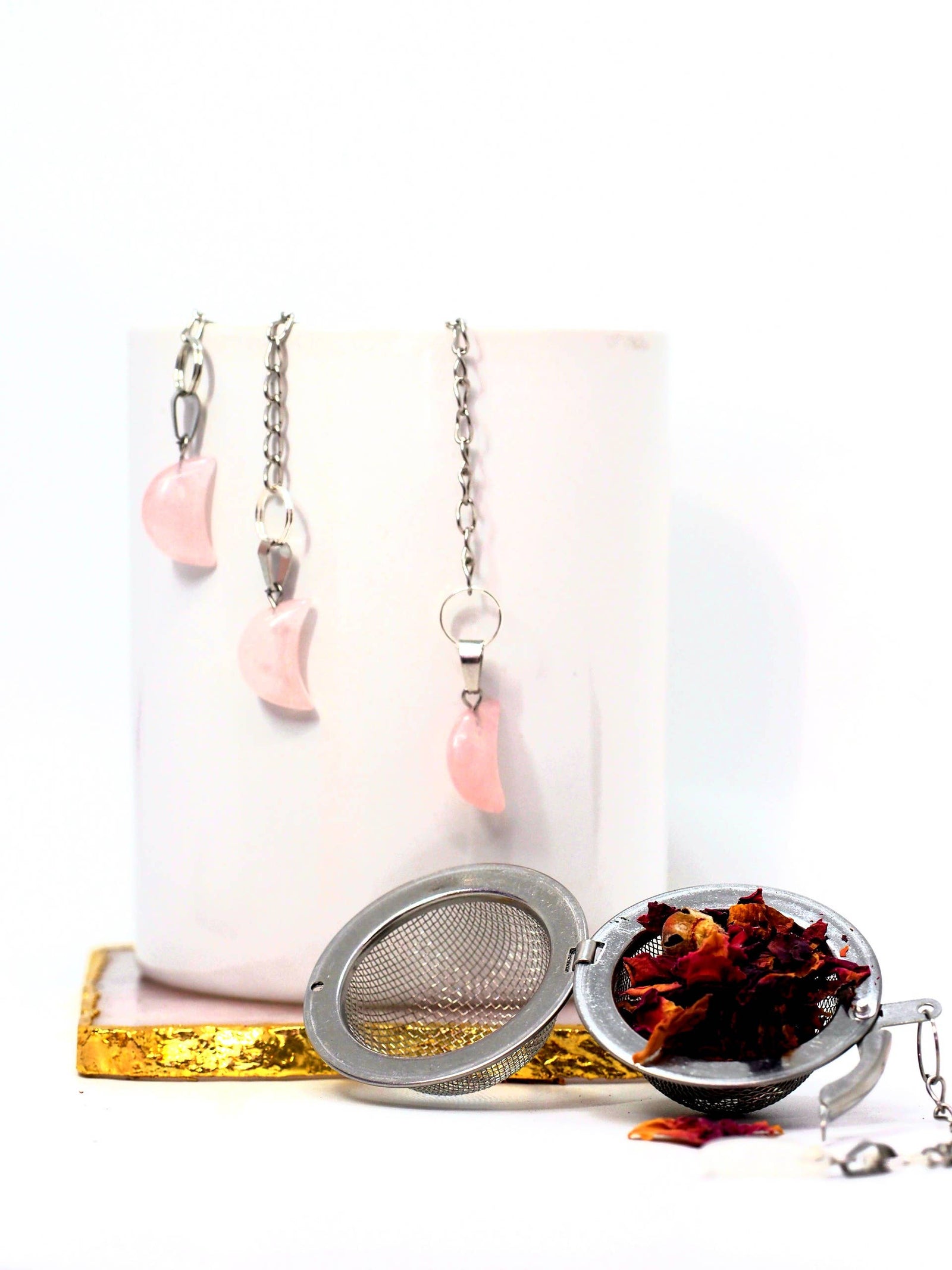 Rose Quartz Crescent Moon Crystal Tea Infuser